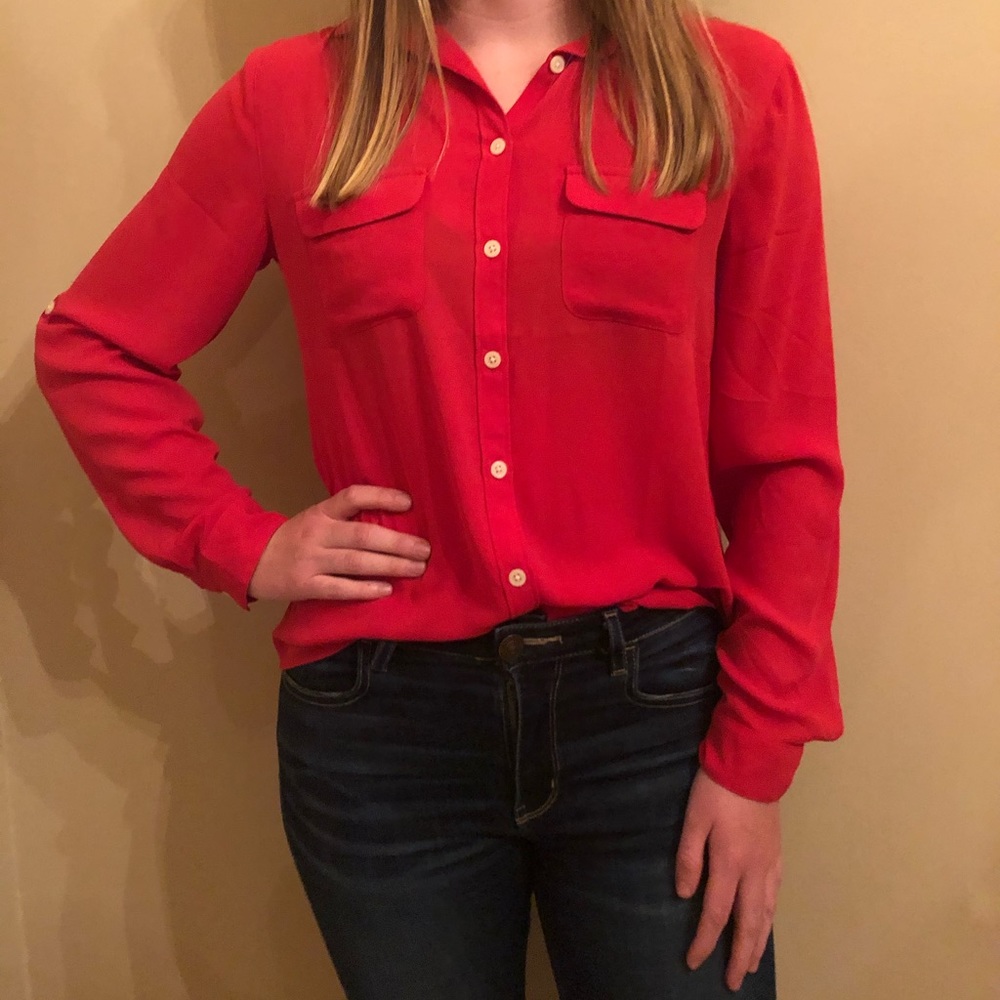 Red collared button-down blouse